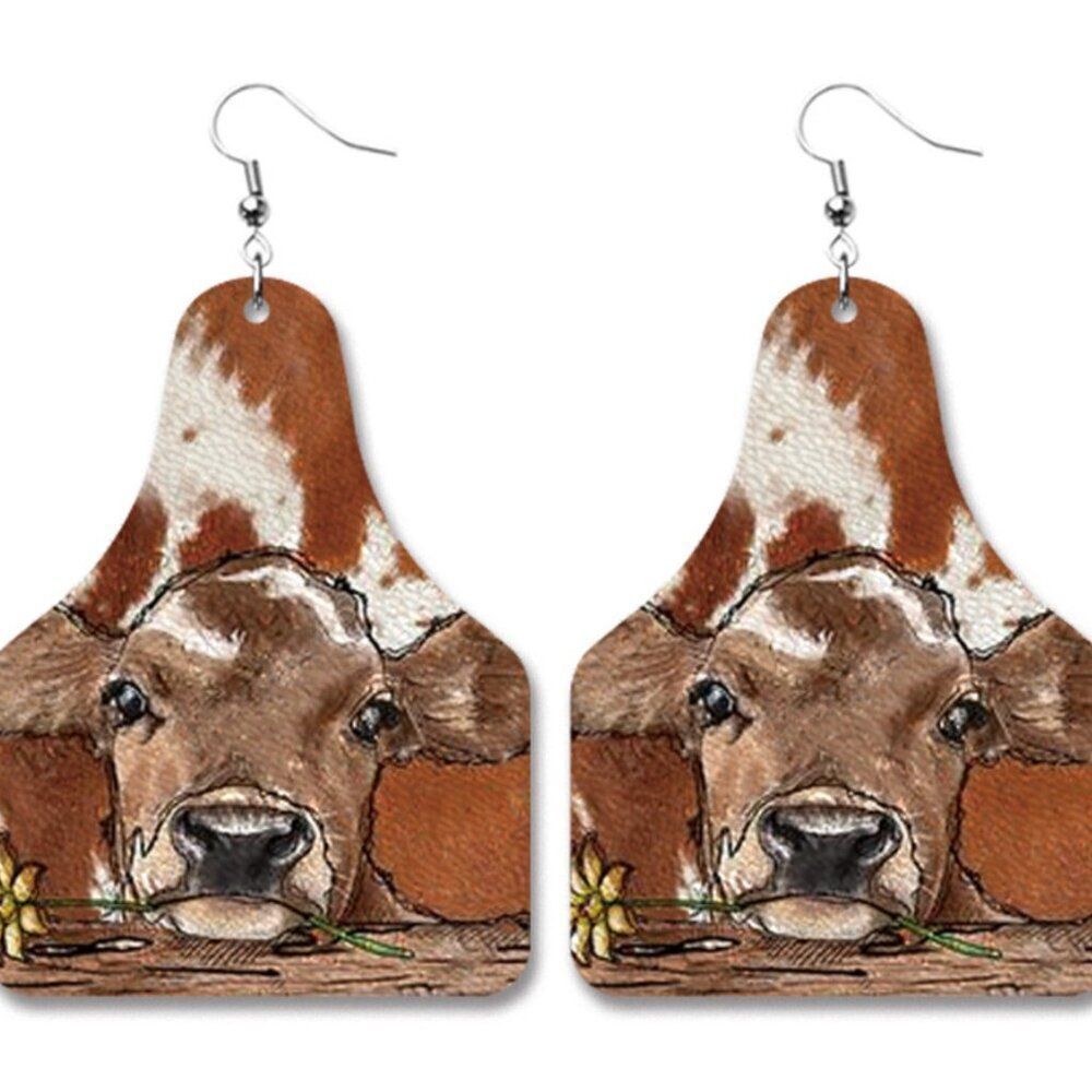 3For$20 Floral Cute Tan Cow Tag Retro Leather Earrings